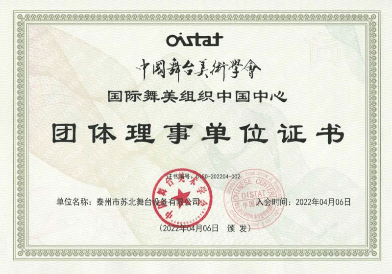 中国舞台美术学会团体理事单位证书